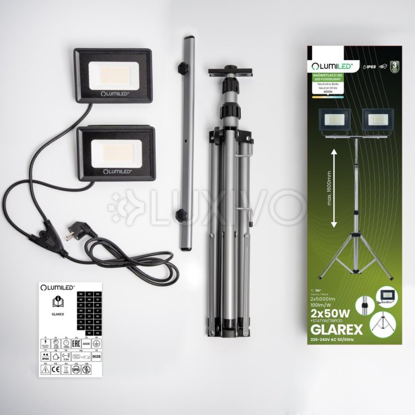 Reflektor LED Halogén lampa 2 x 50W na statíve GLAREX 4000K LUMILED