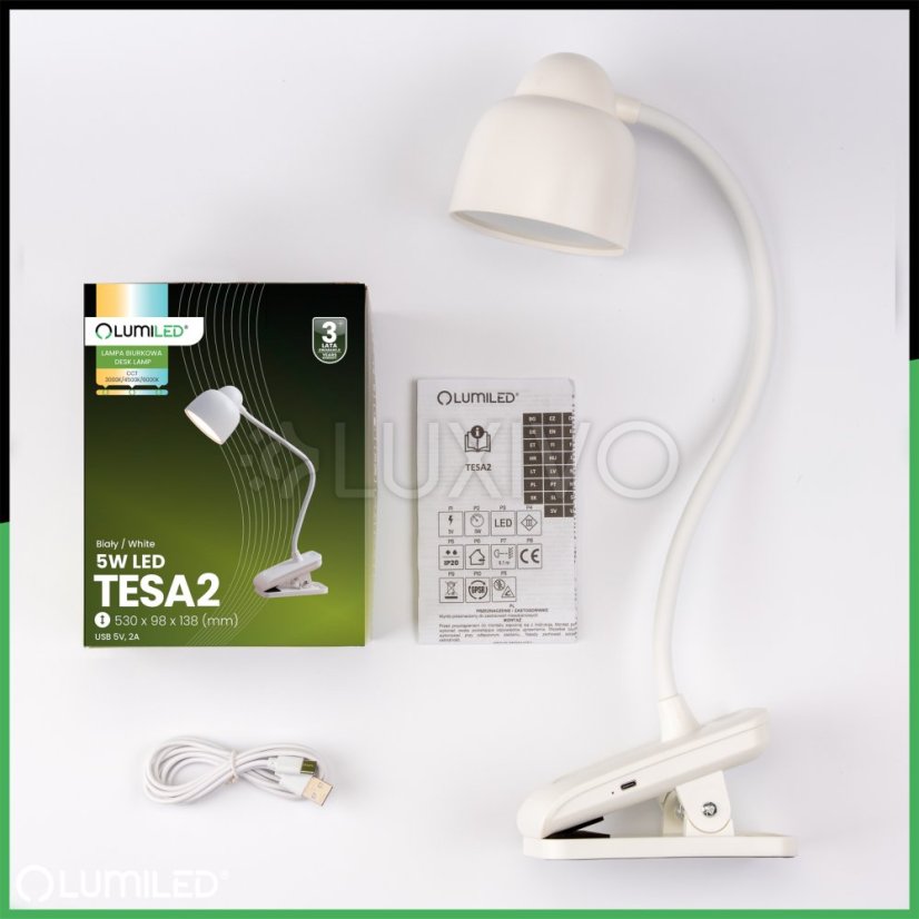 LED stolová lampa 5W CCT kresliarska školská TESA 2 biela LUMILED
