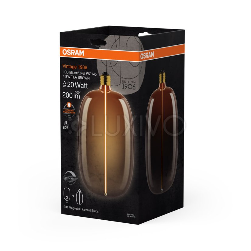 Dekoratívna LED žiarovka E27 4, 8W = 20W 200lm 1800K teplá 320° jantárová filament stmievateľná vintage 1906 Osram