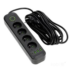 Predlžovací kábel sieťový 4x zásuvka s uzemnením USB vypínač on/off 5m čierny Connecto Kobi