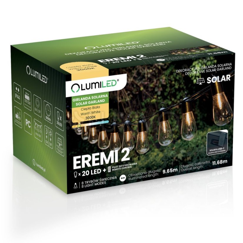 Záhradná solárna girlanda 20x LED dekoračné žiarovky 11, 68m 3000K teplá biela + diaľkové ovládanie LUMILED