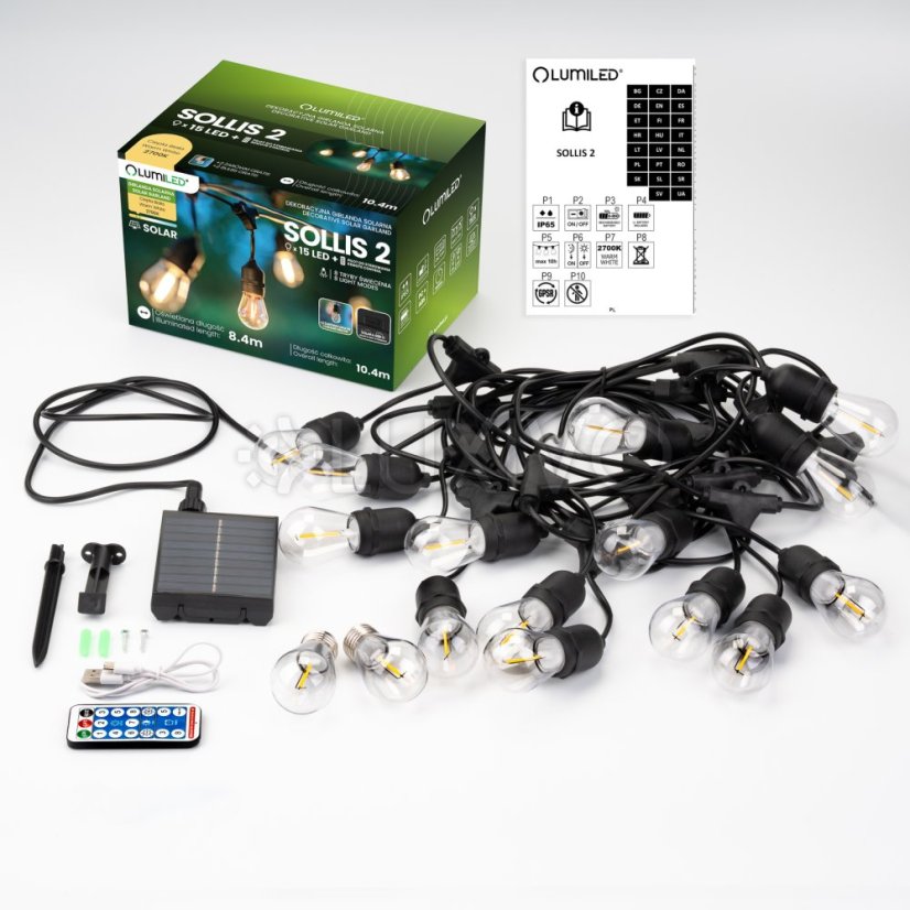 Solárna záhradná girlanda 15x LED ozdobné žiarovky 10, 4m 2700K teplá + diaľkový ovládač IP65 SOLLIS 2 LUMILED