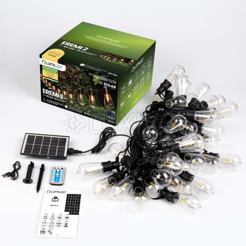 Záhradná solárna girlanda 40x LED ozdobné žiarovky 21, 70m 3000K teplá + diaľkové ovládanie LUMILED