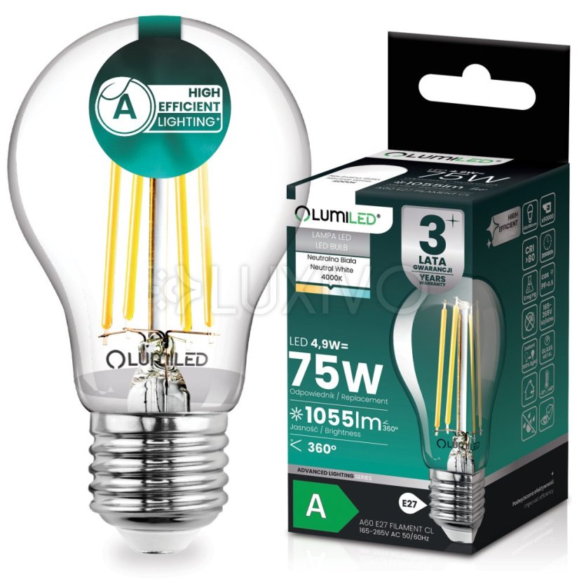 Žiarovka LED E27 A60 4, 9W 1055lm = 75W 4000K neutrálna 360° filament KLASA A LUMILED