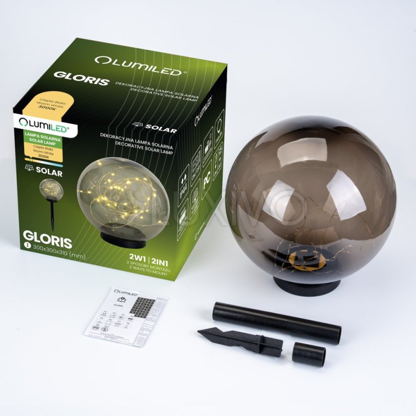 Solárna záhradná lampa LED GLORIS 3000K IP44 zapichovacia povrchová ozdobná guľa dymová 30cm LUMILED