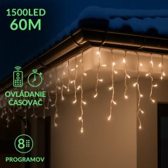 Vianočná led svetelná záclona vonkajšia - programy - časovač + diaľkový ovládač - 1500led - 60m teplá biela