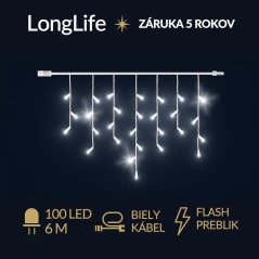 LongLife led svetelná záclona vonkajšia flash - 100led - 6m studená biela / flash prebliknutie studená biela - biely kábel