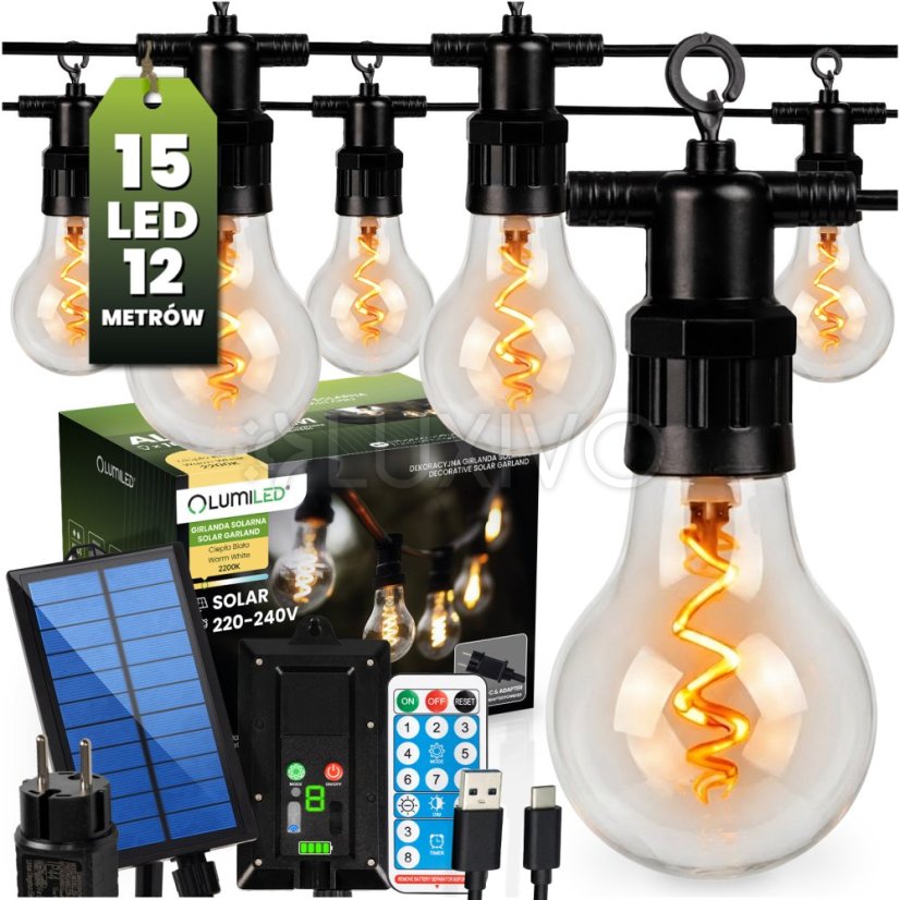 Záhradná solárna girlanda 15x LED dekoračné žiarovky 11, 58m 2200K teplá + diaľkový ovládač ALAVAS LUMILED