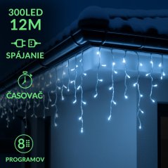 Vianočná led svetelná záclona na spájanie vonkajšia - programy - časovač + diaľkový ovládač - 300led - 12m modrá