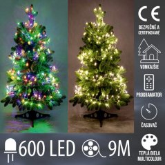 Vianočná led svetelná mikro reťaz cluster vonkajšia s časovačom + programator - 600led - 9m multicolour+teplá biela