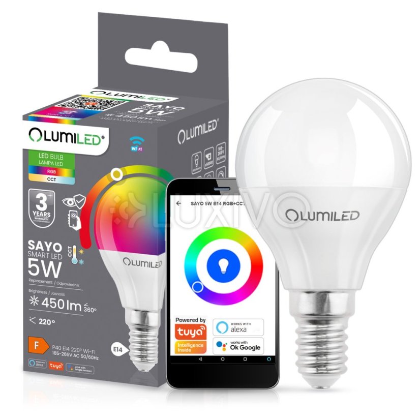 LED žiarovka E14 P40 Bulb 5W = 40W 450lm RGB CCT Stmievateľná Smart TUYA WiFi SMART SAYO LUMILED