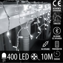 Vianočná led svetelná záclona na spájanie vonkajšia - programy - časovač + bluetooth - 400led - 10m studená biela
