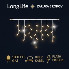 LongLife led svetelná záclona vonkajšia flash - 100led - 6m teplá biela / flash prebliknutie studená biela - biely kábel
