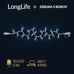 LongLife spojovateľná led svetelná reťaz vonkajšia - 50led - 5m studená biela - biely kábel