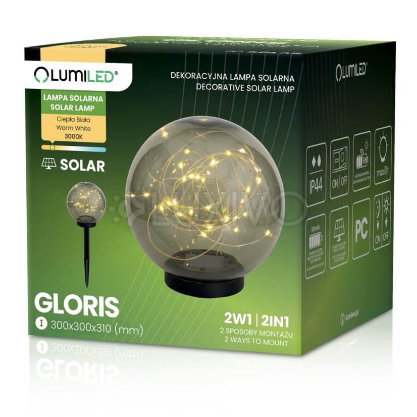 Solárna záhradná lampa LED GLORIS 3000K IP44 zapichovacia povrchová ozdobná guľa dymová 30cm LUMILED