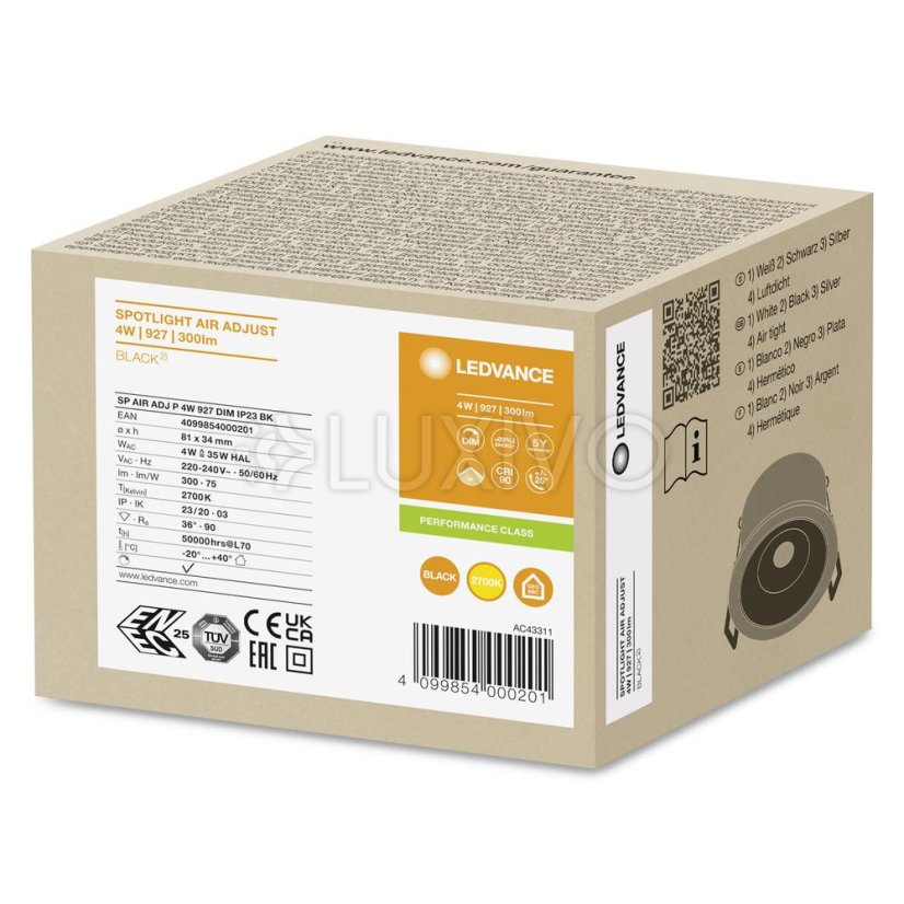 LED zapustené bodové svietidlo 4W 300lm 3000K Warm Dimmable Mesh Spot Black Air Adjust Ledvance