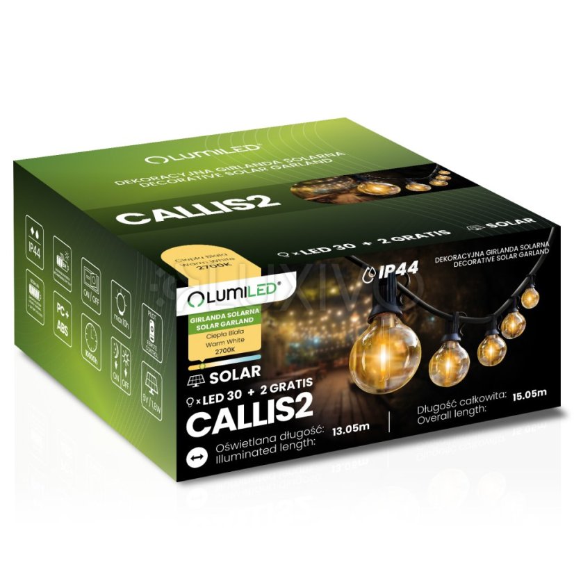 Solárna záhrada Girland 30x LED okrasné gule 15,05 m 2700K teplá + diaľkové ovládanie CALLIS2 LUMILED