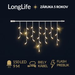 LongLife led svetelná záclona vonkajšia flash - 150led - 9m teplá biela / flash prebliknutie teplá biela - biely kábel