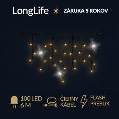 LongLife led svetelná záclona vonkajšia flash - 100led - 6m teplá biela / flash prebliknutie studená biela