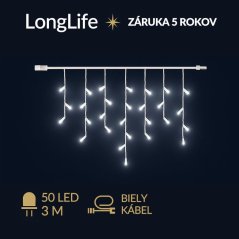 LongLife spojovateľná led svetelná záclona vonkajšia - 50led - 3m studená biela - biely kábel