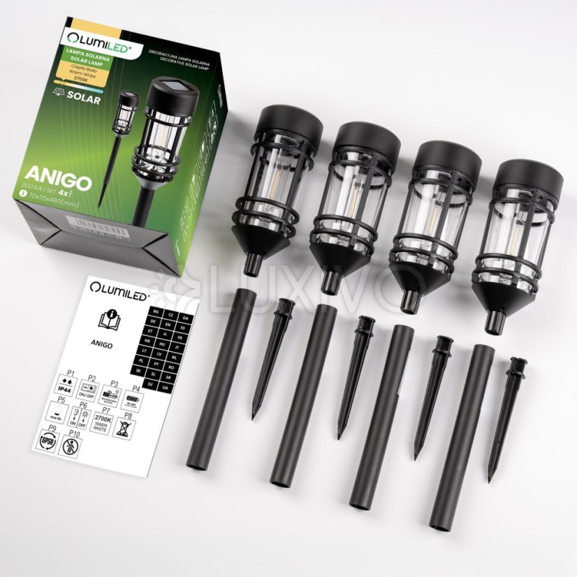 Komplet 4x Solárna záhradná lampa LED ANIGO 2700K zapichovacia vonkajšia stĺpiková lampka LUMILED