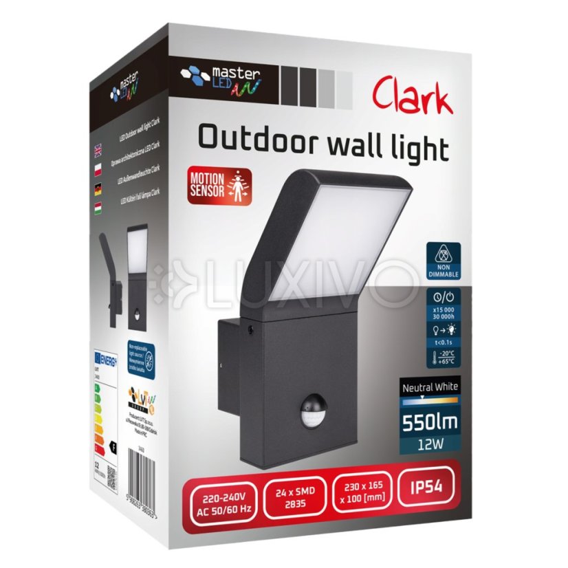 Lampa LED záhradná nástenné svietidlo fasádne vonkajšie 12W 550lm 4000K neutrálna 120° čierna IP54 so senzorom pohybu Clark Masterled