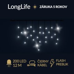 LongLife led svetelná záclona vonkajšia flash - 200led - 12m studená biela / flash prebliknutie studená biela - čierny kábel