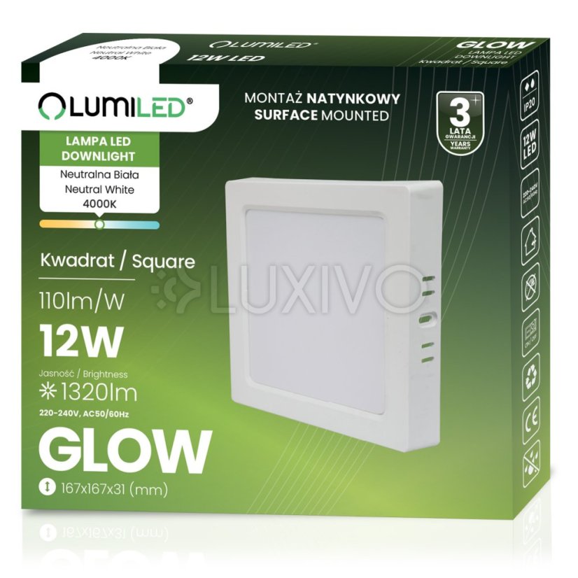 Stropné svietidlo LED s povrchovou montážou 12W Square 4000K GLOW White LUMILED