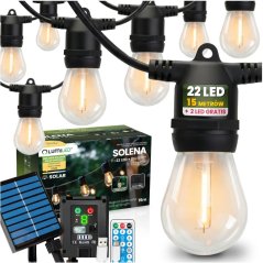 Solárna záhradná girlanda 22x LED ozdobné žiarovky 15m 2700K teplá biela + diaľkový ovládač SOLENA LUMILED