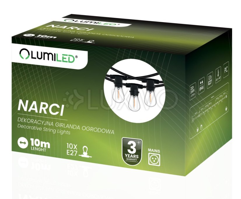 Vonkajšia záhradná girlanda svetelný reťazec 10m 10x E27 NARCI LUMILED