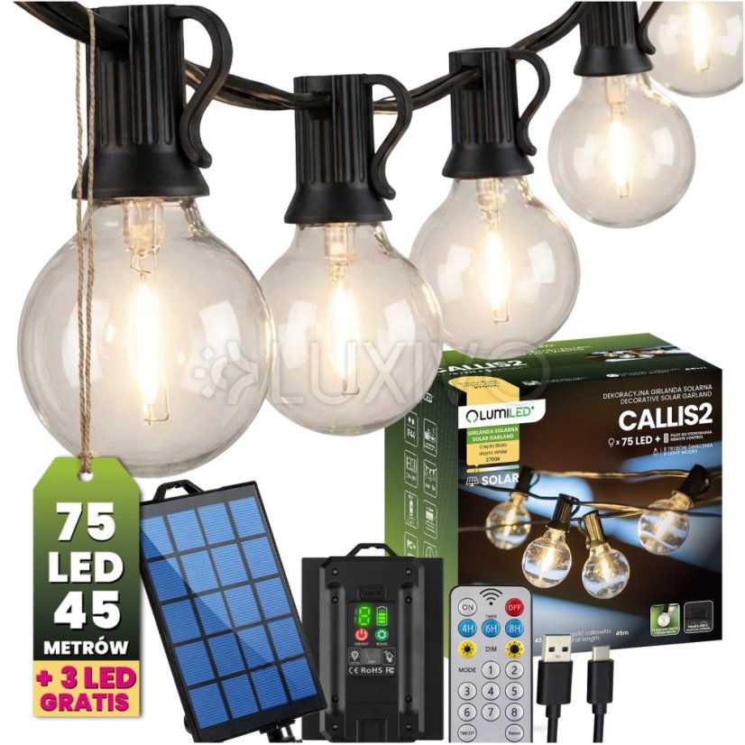 Solárna záhradná girlanda 75x LED ozdobné guľôčky 45m 2700K teplá biela + diaľkový ovládač CALLIS2 LUMILED