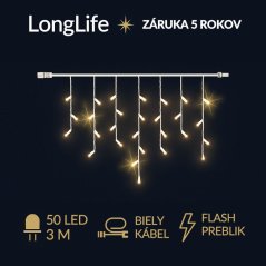 LongLife spojovateľná led svetelná záclona vonkajšia flash - 50led - 3m teplá biela / flash prebliknutie teplá biela - biely kábel