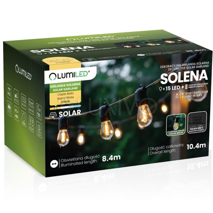 Solárna záhradná girlanda 15x LED ozdobné žiarovky 10, 4m 2700K teplá + diaľkové ovládanie SOLENA LUMILED