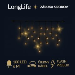 LongLife led svetelná záclona vonkajšia flash - 100led - 6m teplá biela / flash prebliknutie teplá biela