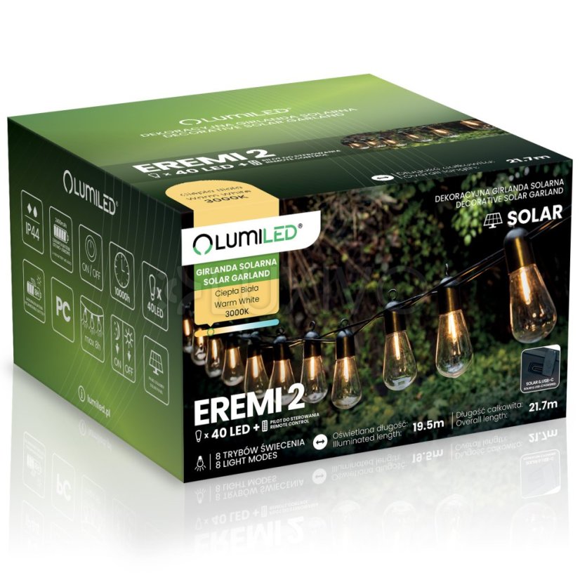 Záhradná solárna girlanda 40x LED ozdobné žiarovky 21, 70m 3000K teplá + diaľkové ovládanie LUMILED