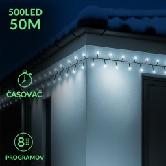 LED vianočná reťaz, 50 m, vonkajšia aj vnútorná, studená biela, programy, časovač