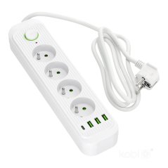 Predlžovací kábel sieťový vidlica 4x zásuvka so zemnením lišta napájacia USB vypínač on/off 1, 5m biela Connecto Kobi
