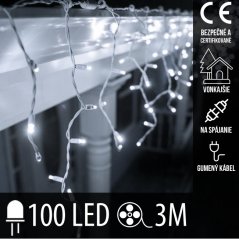 Vianočná led svetelná záclona na spájanie vonkajšia s gumeným káblom - 100led - 3m studená biela
