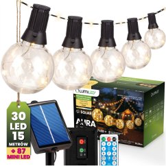 Solárna záhradná girlanda 30x LED dekoratívne žiarovky 15, 05 m 3000K teplá biela + diaľkový ovládač AURA