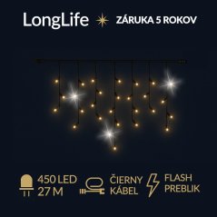 LongLife led svetelná záclona vonkajšia flash - 450led - 27m teplá biela / flash prebliknutie studená biela