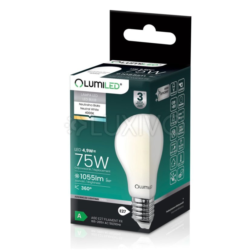 Žiarovka LED E27 A60 4, 9W 1055lm = 75W 4000K neutrálna 360° filament KLASA A LUMILED