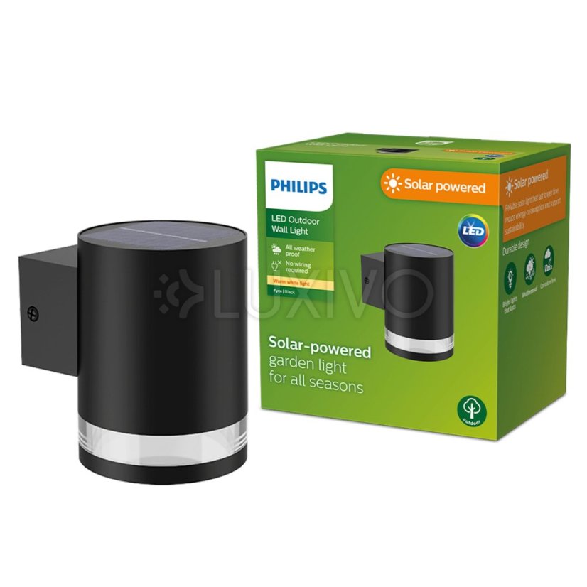Záhradné nástenné svietidlo Solárne vonkajšie fasádne svietidlo LED 1,5 W 200 lm 2700K Black Fyce Philips