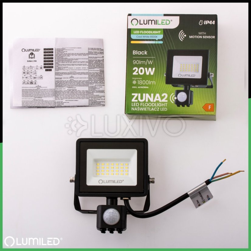 LED reflektor ZUNA2 20W 1800lm 6500K IP44 Black Senzor pohybu LUMILED