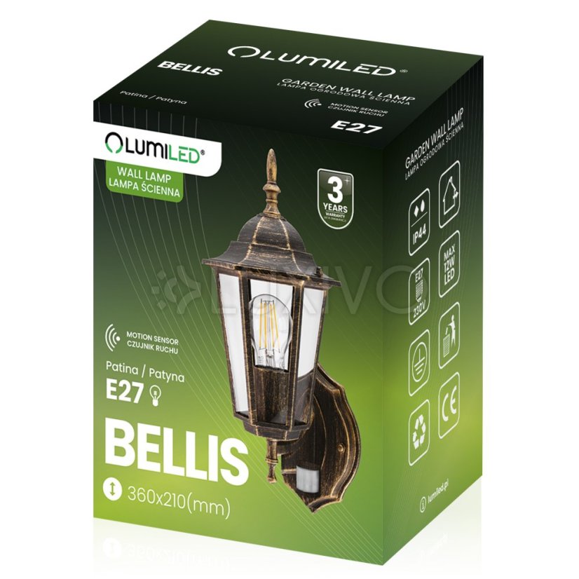 Záhradná lampa Vonkajšia nástenná lampa E27 12W LED svietidlo Senzor pohybu BELLIS LUMILED