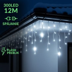 Vianočná led svetelná záclona na spájanie vonkajšia flash - 300led - 12m - studená biela / studená biela