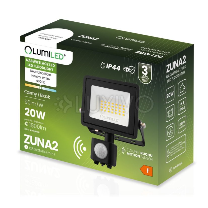 LED reflektor ZUNA2 20W 1800lm 4000K IP44 Black Senzor pohybu LUMILED