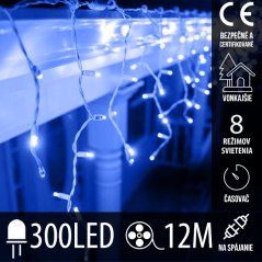Vianočná led svetelná záclona na spájanie vonkajšia - programy - časovač + diaľkový ovládač - 300led - 12m modrá