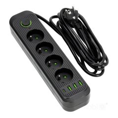 Predlžovací kábel sieťový 3m vypínač On/Off USB 4x zásuvka so zemnením čierny Connecto Kobi