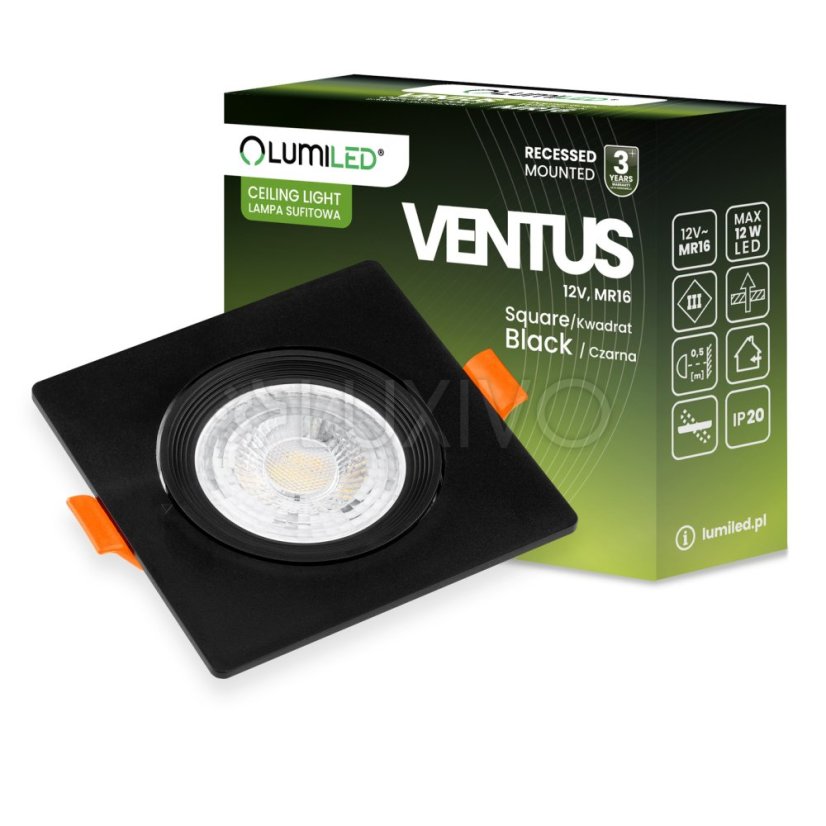 Halogénové svietidlo na zapustenú montáž Pohyblivé štvorcové čierne GU10 MR16 VENTUS Lumiled