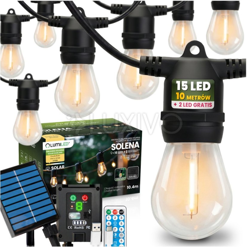 Solárna záhradná girlanda 15x LED ozdobné žiarovky 10, 4m 2700K teplá + diaľkové ovládanie SOLENA LUMILED